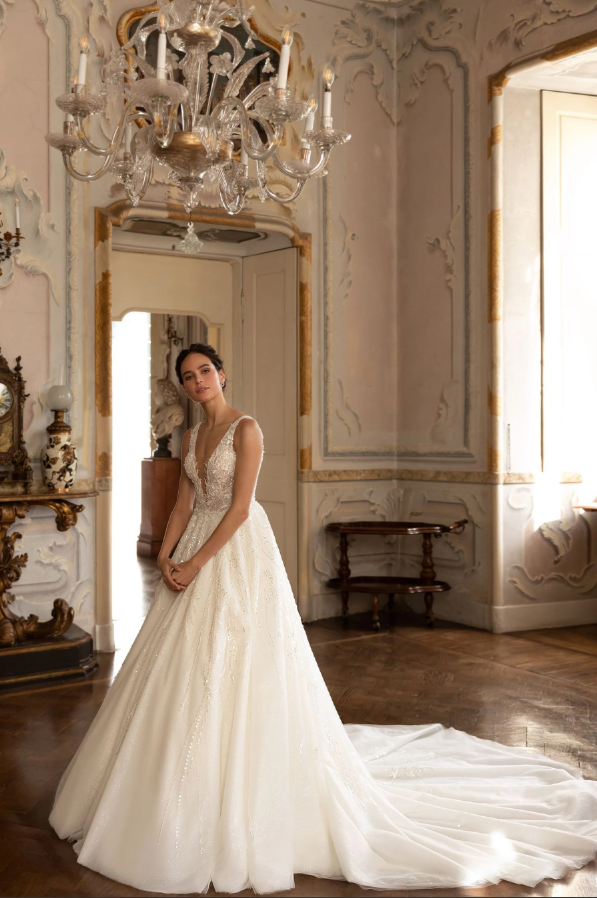 Ernesta 3284 A-Line Wedding Dress – Glitter Lace Gown with Double V-Neckline & Flowing Skirt